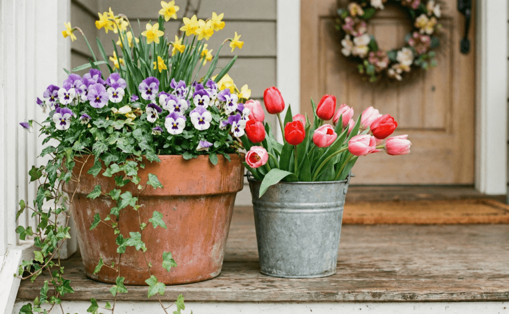  Spring porch decor ideas container garden with terracotta pot of pansies and galvanized bucket of tulips