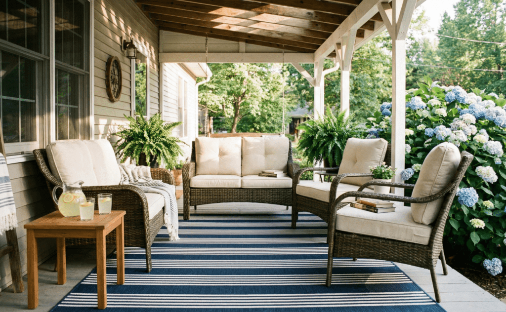Spring porch decor ideas navy striped outdoor rug on covered porch with wicker furniture