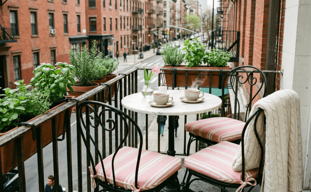 Spring porch decor ideas small urban bistro set with striped cushions and coffee cups