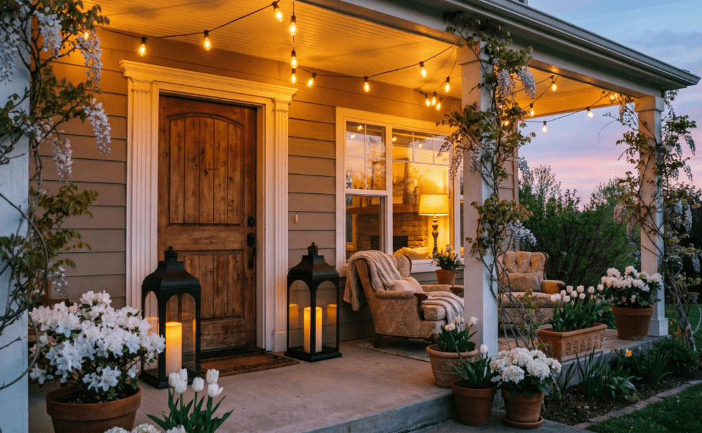 Spring porch decor ideas evening ambiance with string lights and lanterns at dusk
