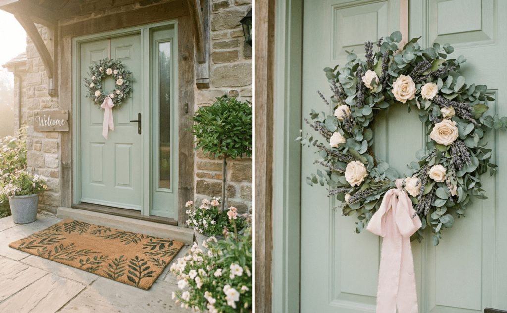 Spring porch decor ideas sage green door with eucalyptus and lavender wreath and botanical doormat