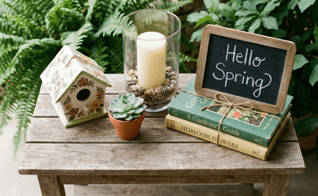 Spring porch decor ideas flat lay of accessories including birdhouse, candle and garden books