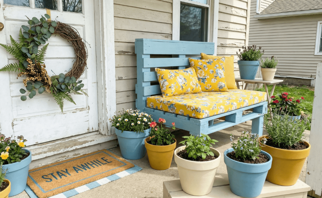 Spring porch decor ideas budget-friendly makeover with painted pots and DIY pallet bench