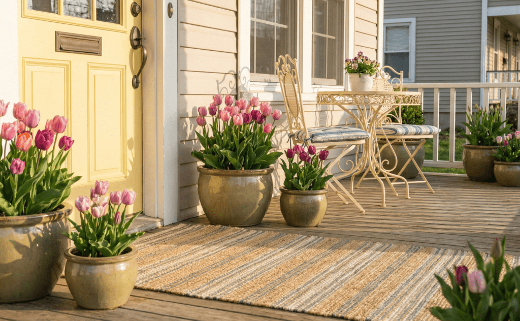 Beautiful spring porch decor ideas featuring pastel door with tulips and bistro set