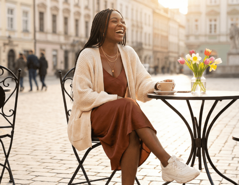 5 Best spring outfits black woman rust brown dress cream cardigan white sneakers sitting outdoor café spring flowers