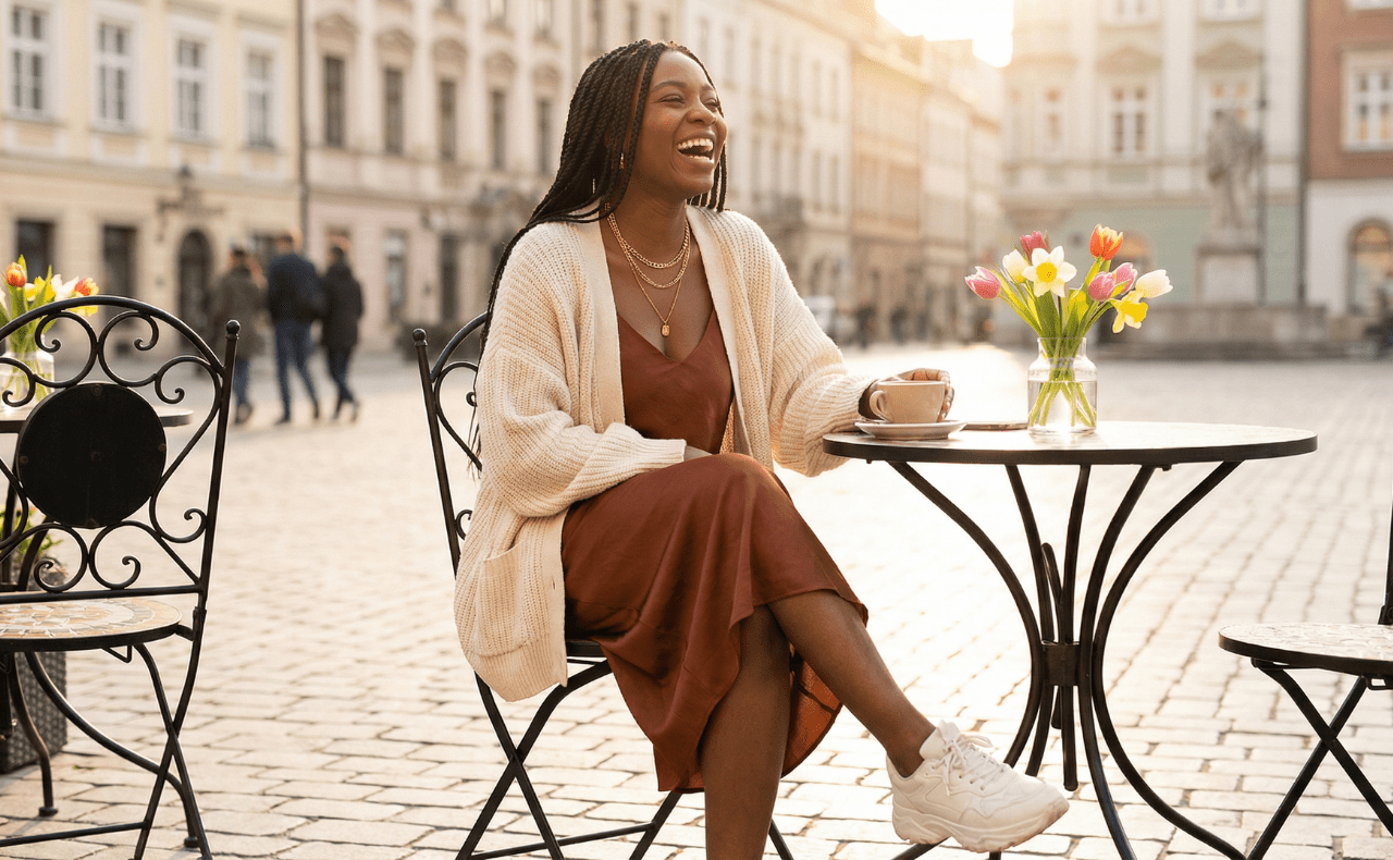 5 Best spring outfits black woman rust brown dress cream cardigan white sneakers sitting outdoor café spring flowers