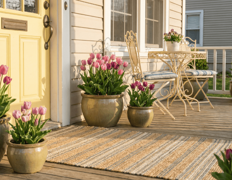 Beautiful spring porch decor ideas featuring pastel door with tulips and bistro set