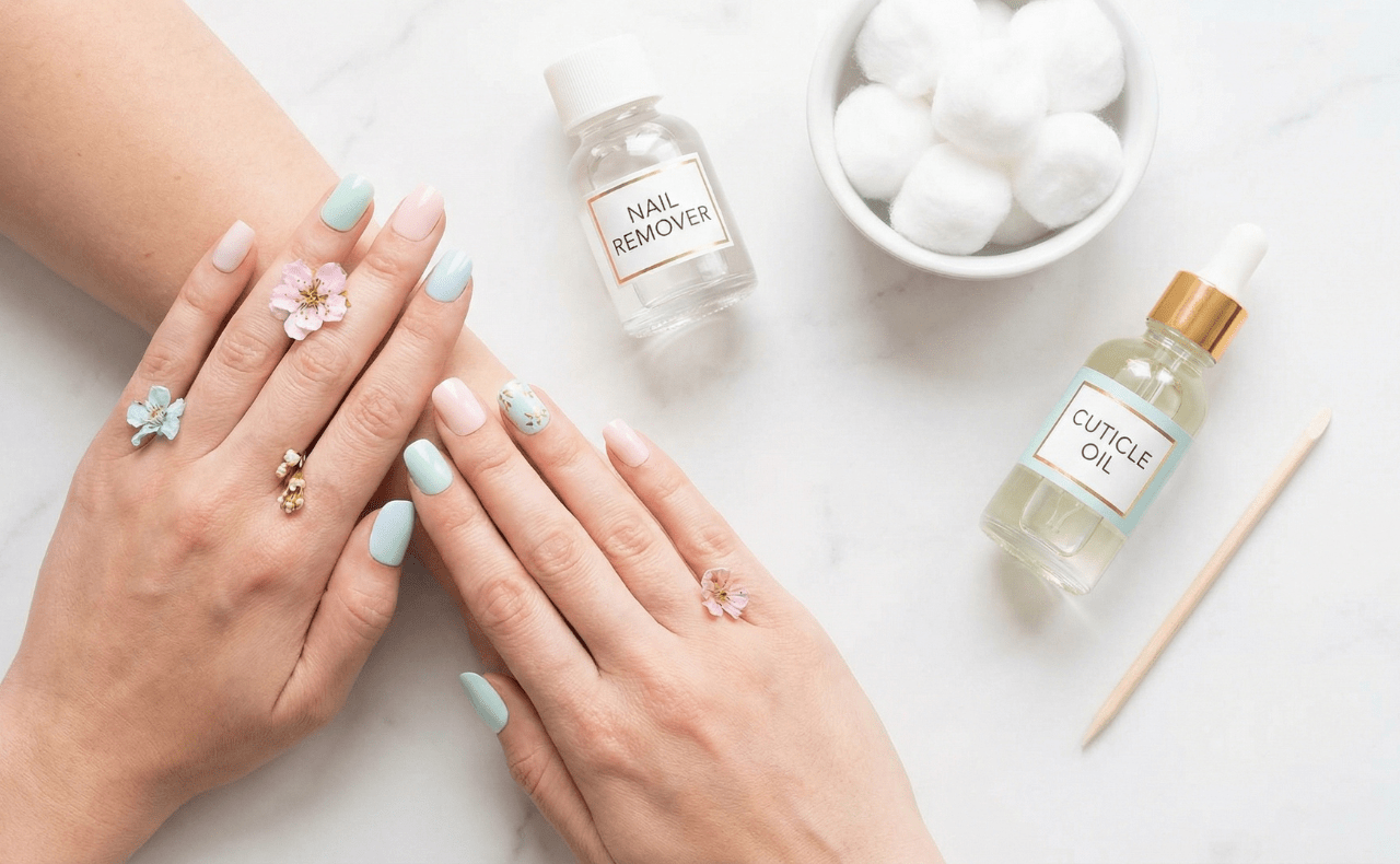 Elegant flat lay of press-on nail removal supplies on marble surface with cotton balls and cuticle oil