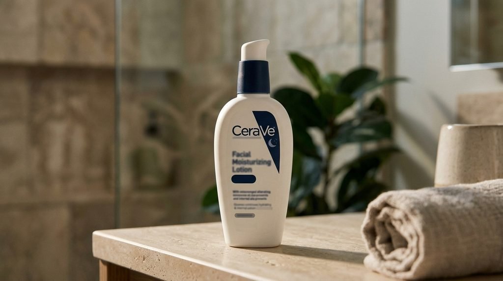 CeraVe PM Facial Moisturizing Lotion in a white pump bottle.