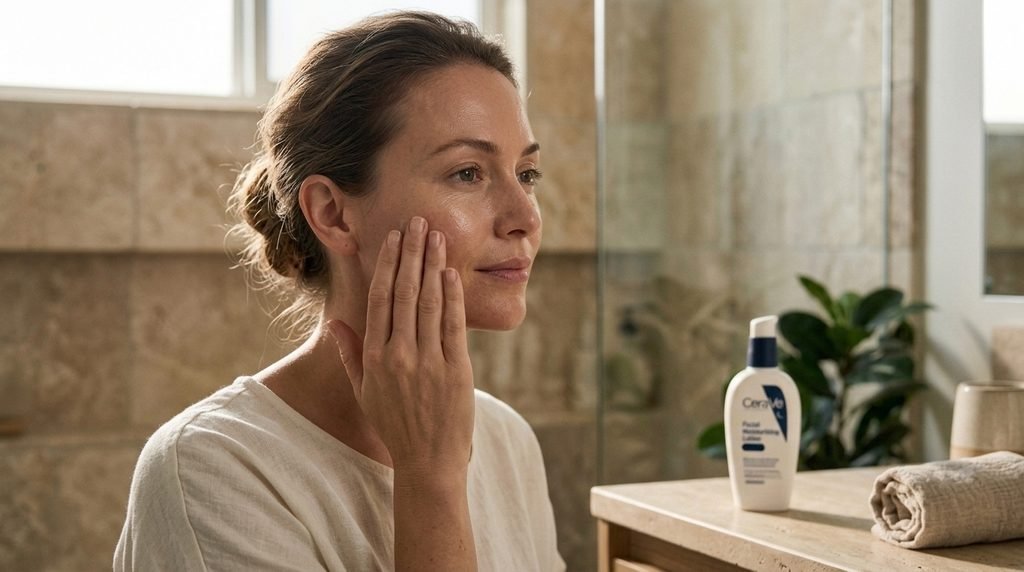 Woman applying facial moisturizer as part of a dry skin routine