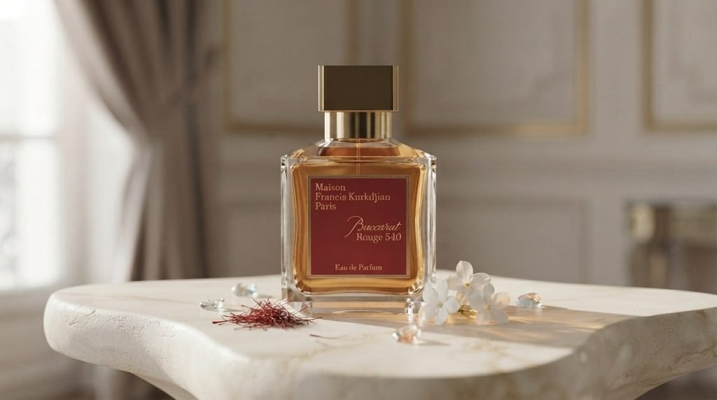 : Luxury perfume bottle surrounded by soft golden light and subtle amber-toned textures.