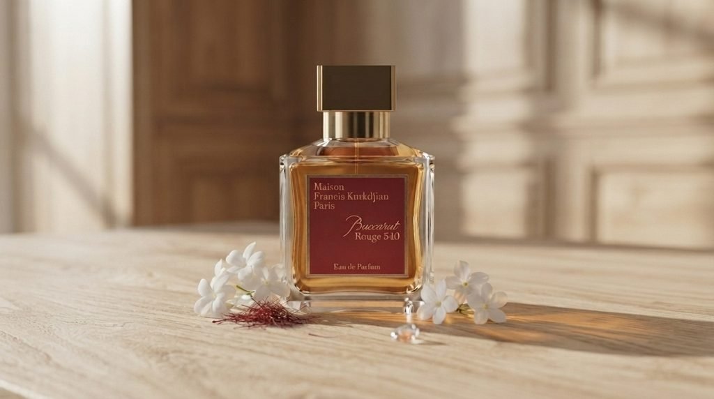 Baccarat Rouge 540 perfume bottle with jasmine blossoms, saffron threads, and warm woody textures.