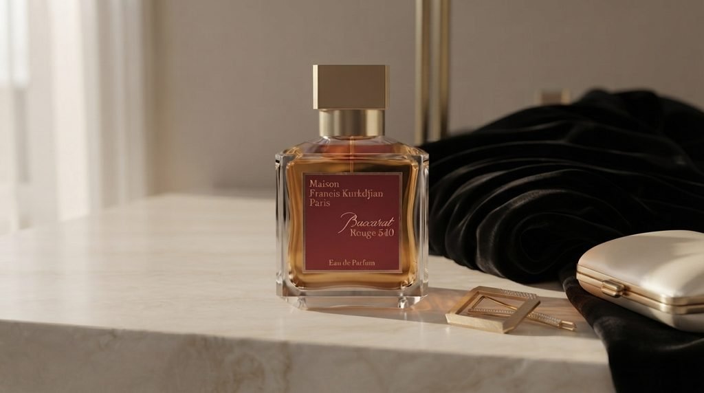 Baccarat Rouge 540 perfume bottle beside elegant evening accessories on a refined vanity.