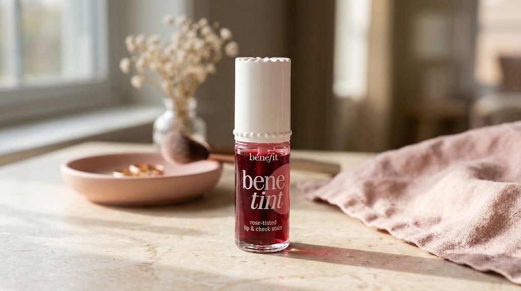 Benefit Benetint rose liquid lip and cheek stain displayed on a cream vanity.