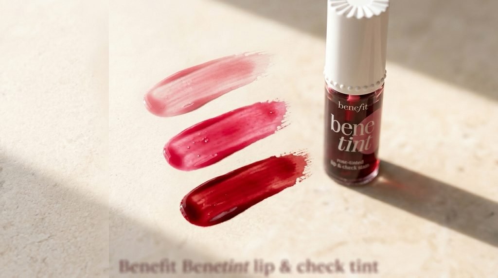 Rose, raspberry, and dark cherry-inspired liquid lip tint swatches for comparing Benetint shades.