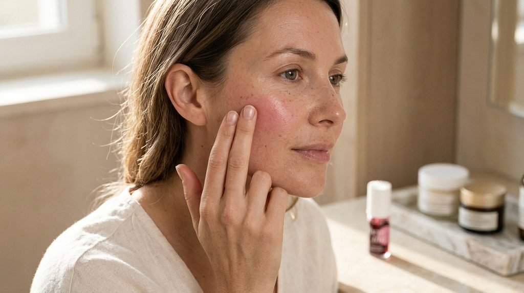 Gently blending a rosy liquid cheek tint for a natural blush effect.