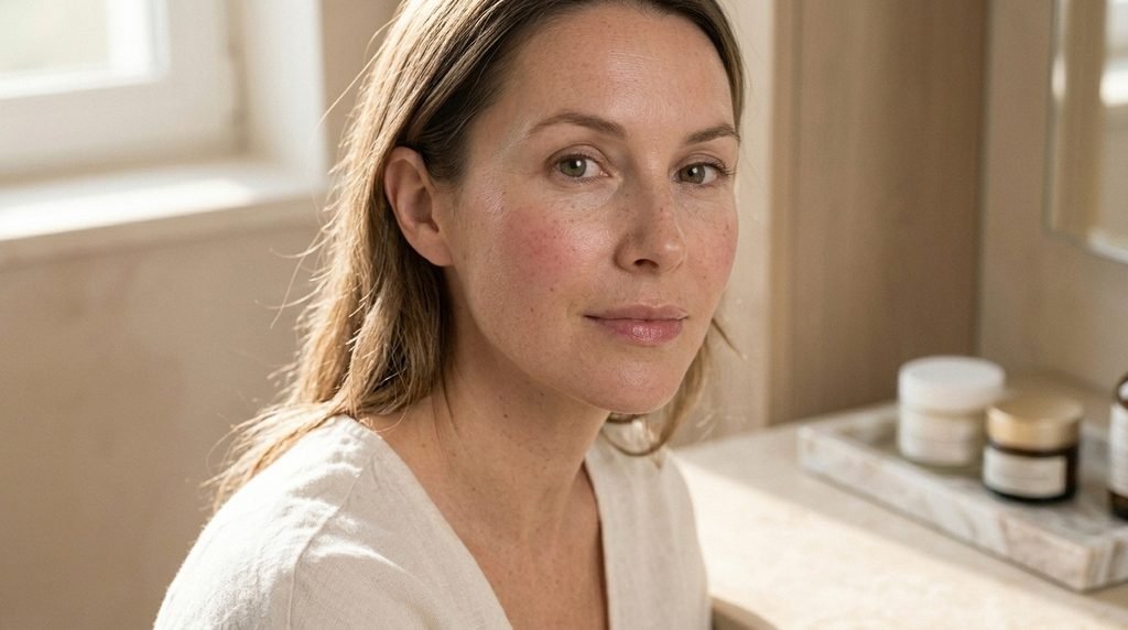 Minimal everyday makeup with rosy lips and subtle blush inspired by Benetint.