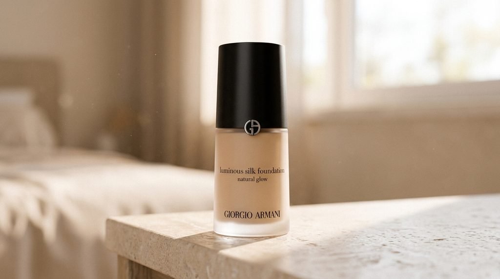 Armani Luminous Silk Foundation bottle photographed in a luxury beauty setting.