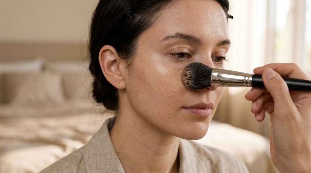 Liquid foundation being blended onto the cheek with a makeup brush.