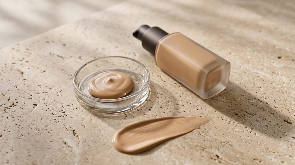 Silky liquid foundation texture displayed beside a minimalist luxury cosmetics bottle.