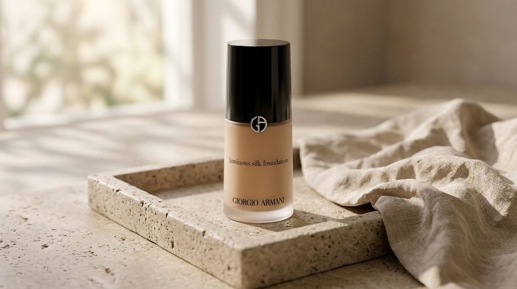 Armani Luminous Silk Foundation displayed on an elegant neutral makeup vanity.