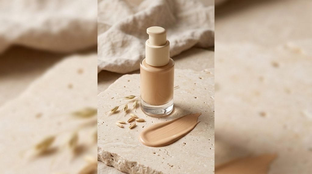 Liquid foundation swatch with skincare-inspired botanical elements.