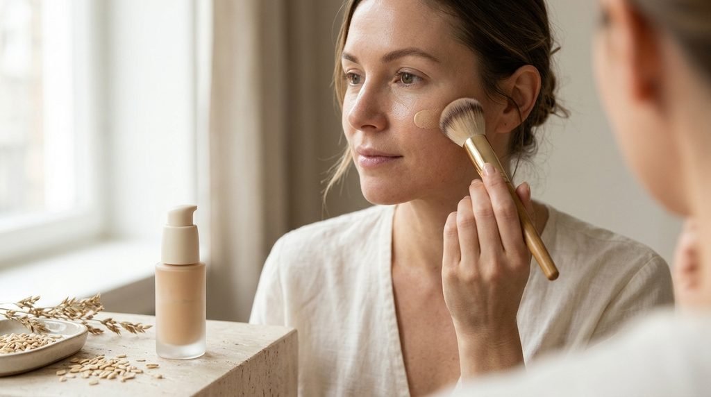  Blending NARS-style liquid foundation with a soft makeup brush.