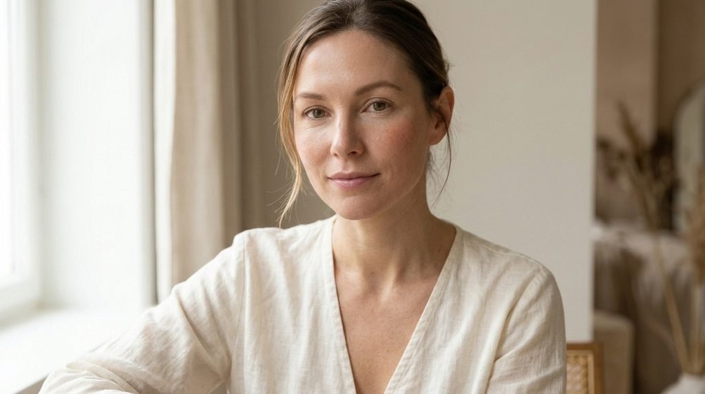 Finished natural makeup look with a softly radiant complexion.