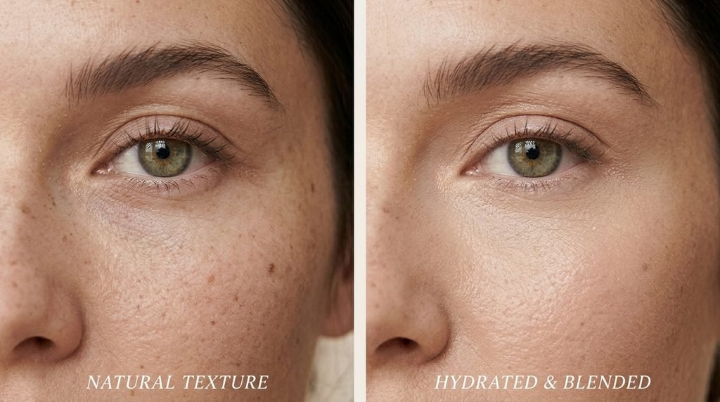 Natural under-eye skin texture and a smooth concealer makeup finish