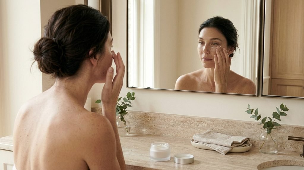 Applying moisturizer gently around the eyes before concealer