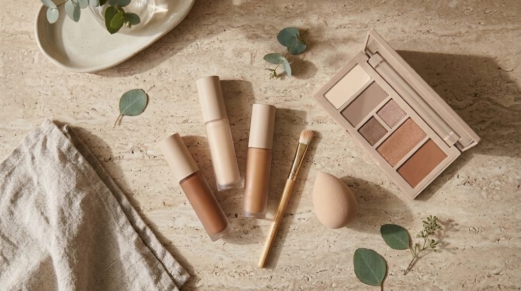 Creamy liquid concealers in different skin tones with a makeup brush