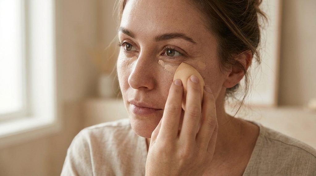 Blending concealer gently beneath the eye with a damp makeup sponge
