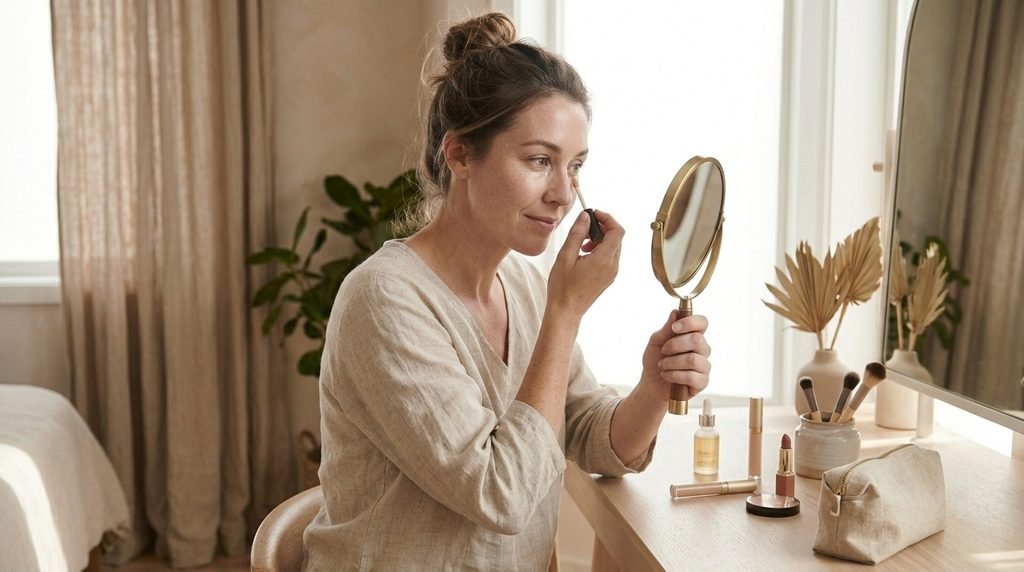 Touching up under-eye concealer with a compact mirror