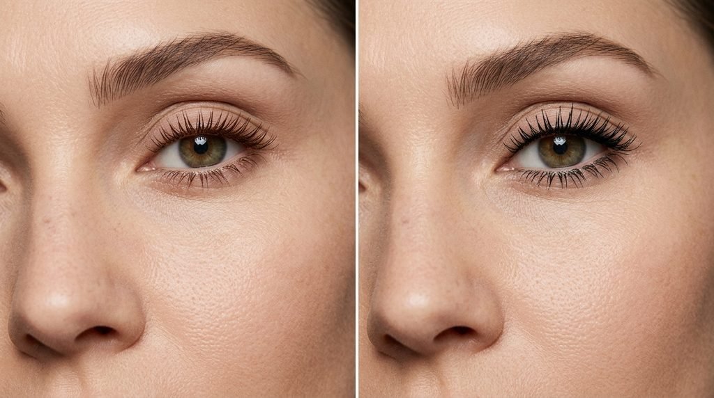 Brown mascara versus black mascara comparison showing two different lash-definition effects.