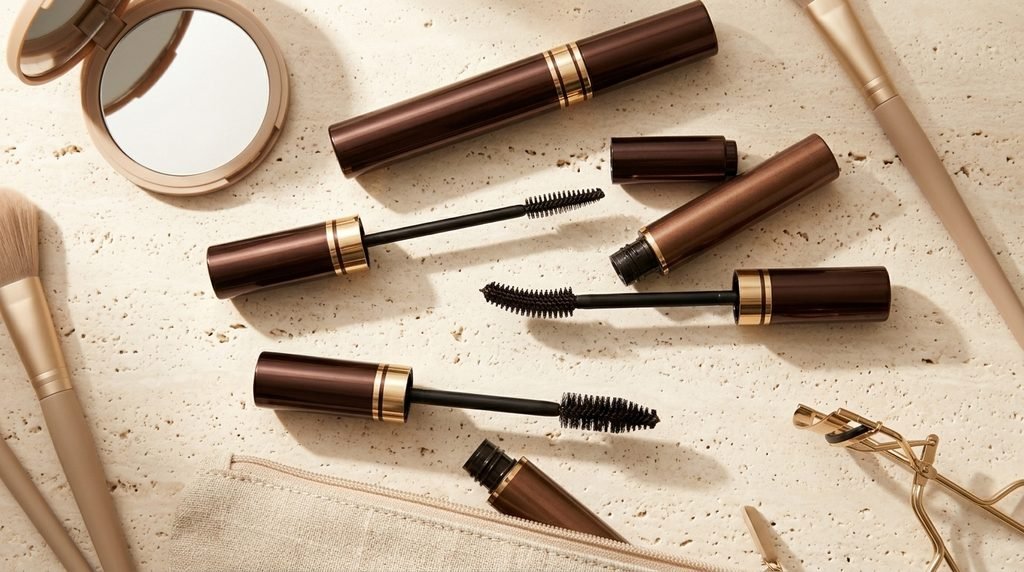 Brown mascara options with different brush shapes arranged in an elegant neutral makeup flat lay