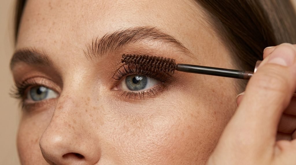 Step-by-step brown mascara application for separated, naturally defined upper lashes.