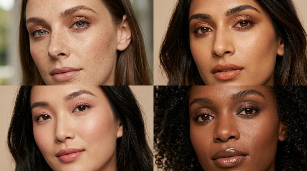 Four brown mascara makeup looks featuring natural beauty, bronze glam, romantic pink, and soft smoky eyes.
