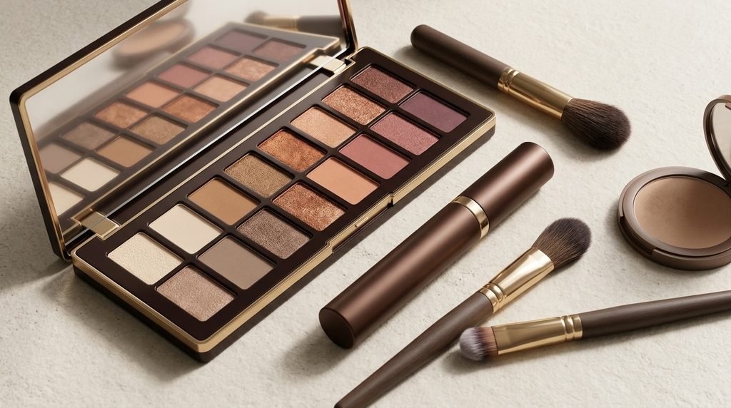 Eyeshadow colors that pair with brown mascara, including beige, taupe, bronze, peach, rose, and plum