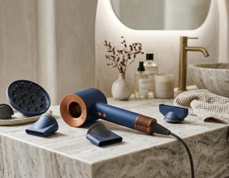 Dyson hair dryer with styling attachments on a modern vanity
