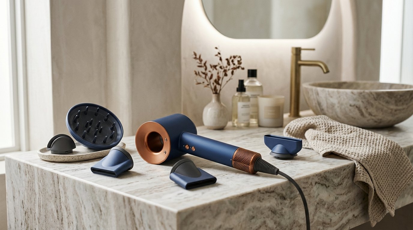Dyson hair dryer with styling attachments on a modern vanity