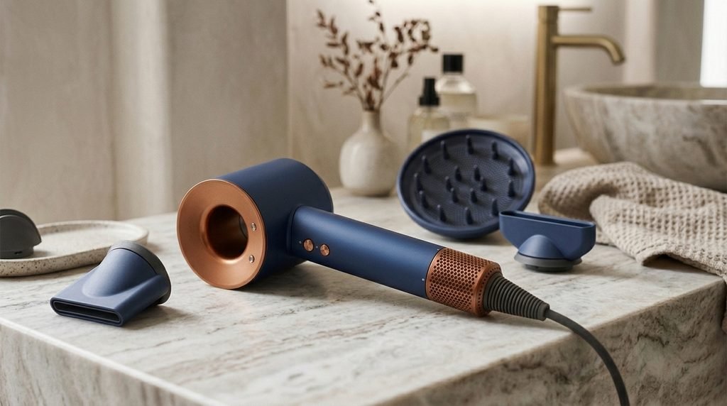 Hair dryer with different styling attachments arranged beside it