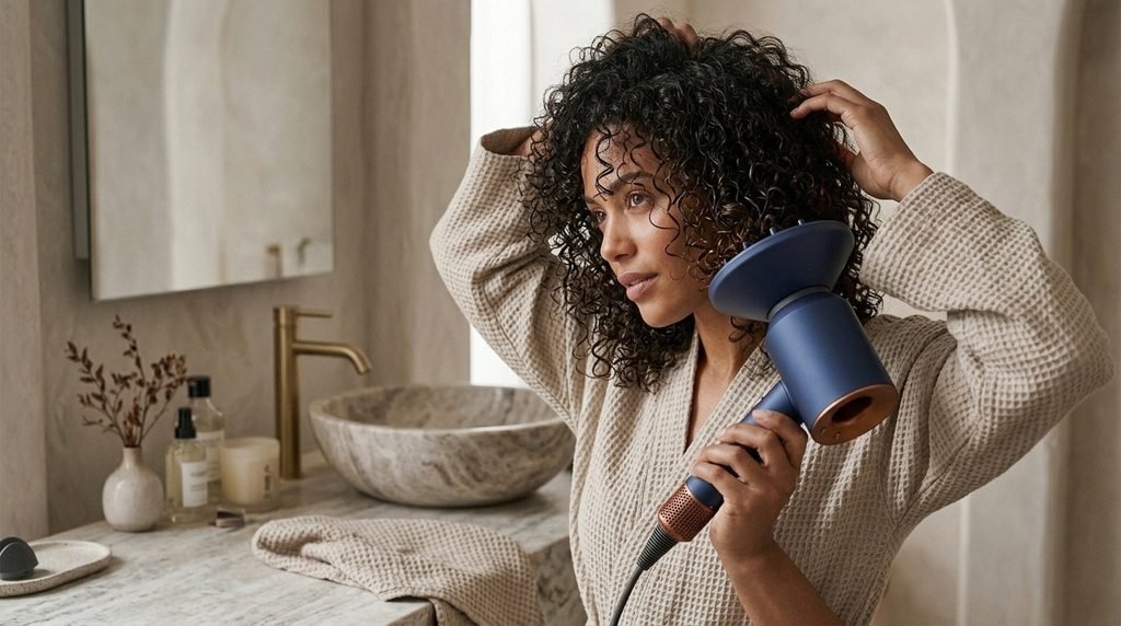 Curly hair being dried with a diffuser attachment