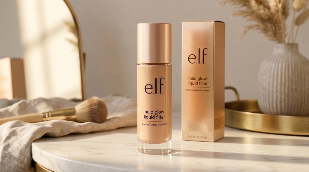 e.l.f. Halo Glow Liquid Filter complexion booster in its glass bottle.