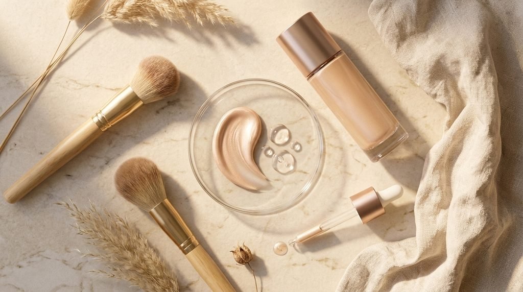 Liquid complexion makeup beside clear cosmetic serum textures and minimal skincare ingredients.