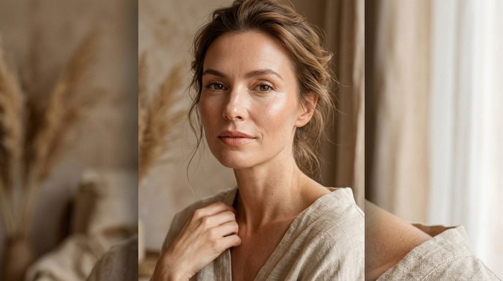 Adult woman wearing natural radiant makeup with a fresh-looking complexion.