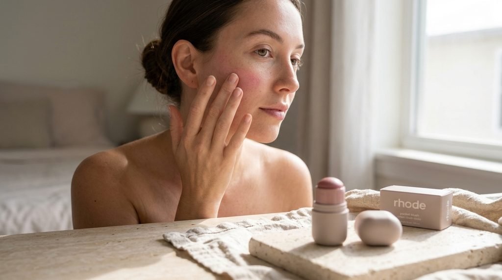 Applying and blending cream blush for a soft, natural-looking cheek color.