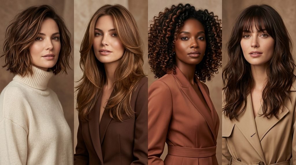 Four wearable fall 2026 hairstyles including a soft bob, layered hair, sculpted curls and wispy bangs.