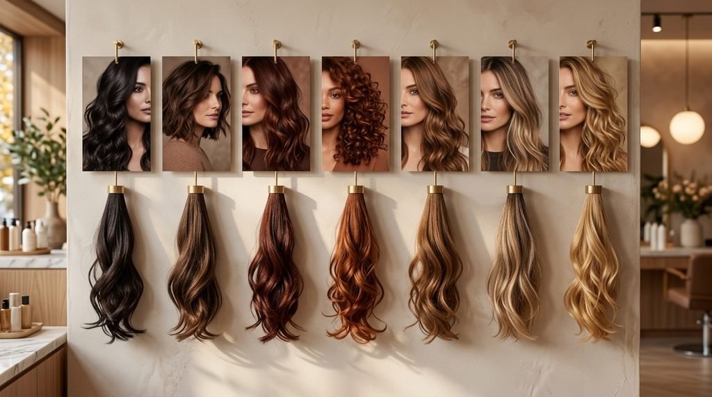 Fall 2026 hair color inspiration featuring chocolate brunette, espresso, warm blonde, maple, cinnamon and auburn shades.