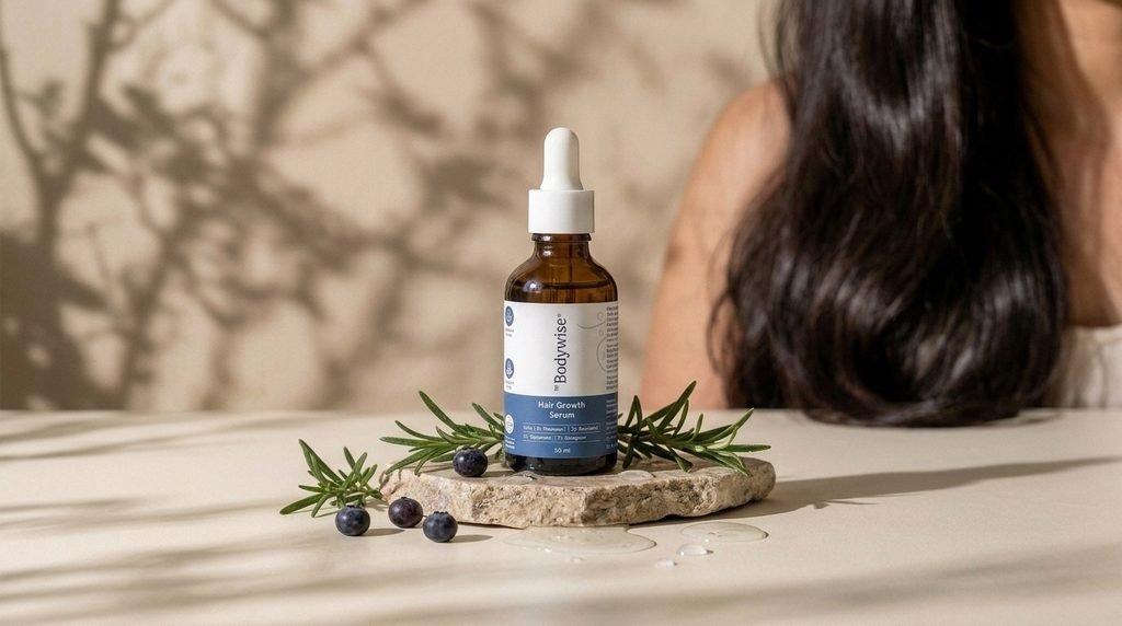 Bodywise Hair Serum displayed on an elegant beauty vanity
