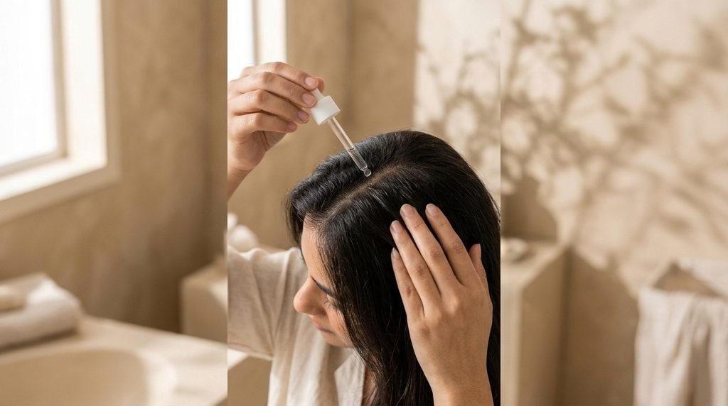: Woman examining her hair in a mirror during her hair care routine.